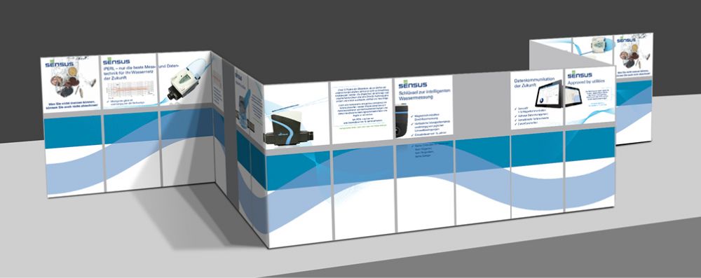 3D-Visualisierung des Messeauftritts mit den neu entworfenen Displays - Grafik Yvonne Blesch, Katzer Printvision Gmbh, Sandhausen