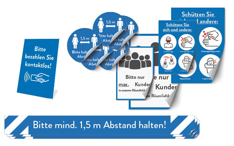 Sicherheitsprodukte Komplett-Set "blau": Fußbodenaufkleber (3 Streifen, 5 Kreise), 2 Aufkleber-Plakate, 1 Thekenaufsteller