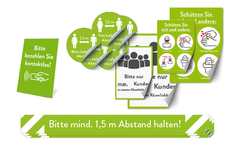 Sicherheitsprodukte Komplett-Set "grün": Fußbodenaufkleber (3 Streifen, 5 Kreise), 2 Aufkleber-Plakate, 1 Thekenaufsteller