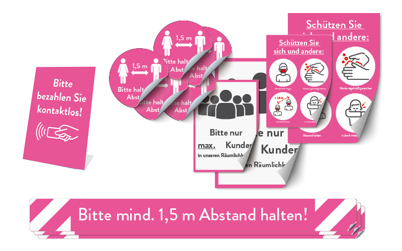 Sicherheitsprodukte Komplett-Set "pink": Fußbodenaufkleber (3 Streifen, 5 Kreise), 2 Aufkleber-Plakate, 1 Thekenaufsteller