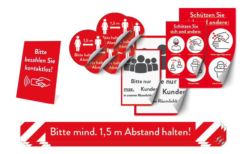 Sicherheitsprodukte Komplett-Set "rot": Fußbodenaufkleber (3 Streifen, 5 Kreise), 2 Aufkleber-Plakate, 1 Thekenaufsteller