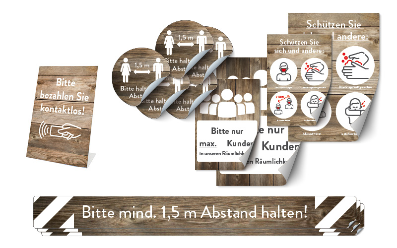 Sicherheitsprodukte Komplett-Set "wood": Fußbodenaufkleber (3 Streifen, 5 Kreise), 2 Aufkleber-Plakate, 1 Thekenaufsteller
