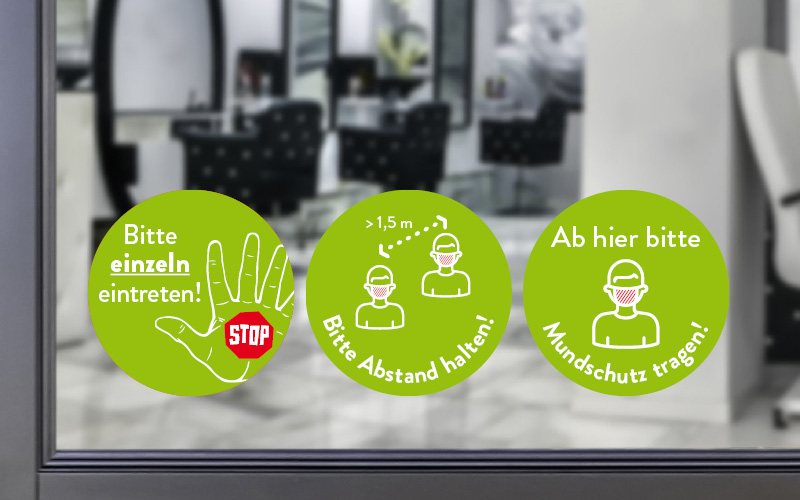 Corona-Aufkleber für Schaufensterscheiben, Bitte einzeln eintreten, Abstand halten, Mundschutz tragen, günstig drucken, schnell liefern, online bestellen, Sandhausen, Heidelberg, Mannheim