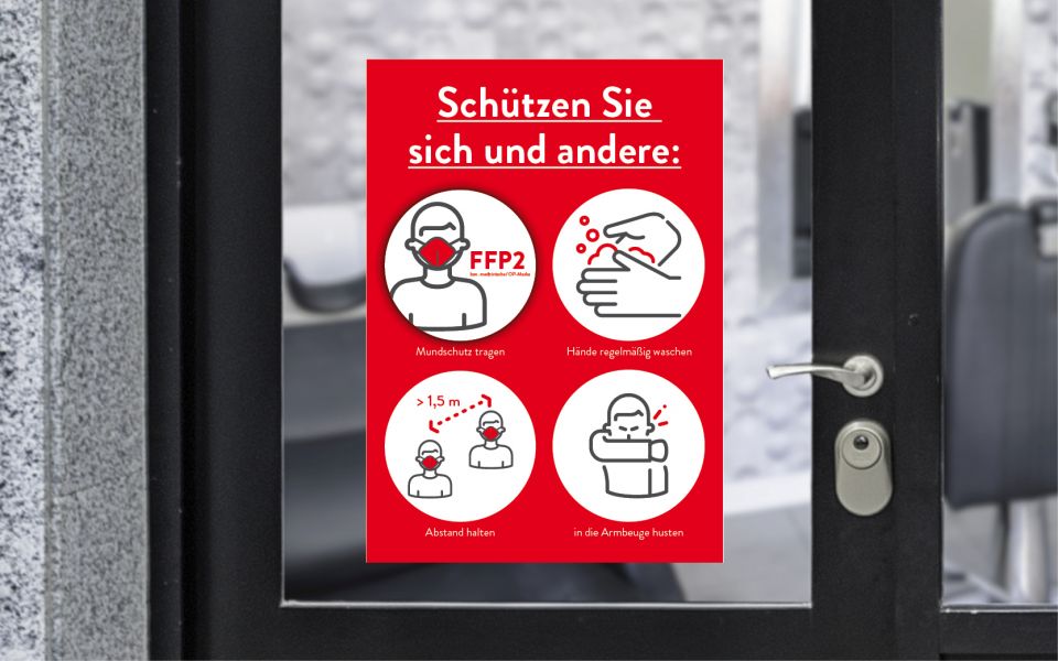Scheibenaufkleber "Hygienevorgaben der Corona-Pandemie mit FFP2-Maske tragen, online bestellen, sofort lieferbar, günstig, Heidelberg, Mannheim, Sandhausen