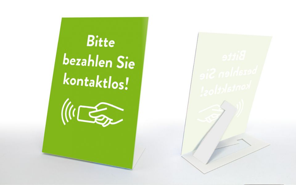 Thekenaufsteller Kontaktlos bezahlen, Bargeldlos bezahlen, Corona-Pandemie, Hygienemaßnahmen, Corona-Schutzmaßnahmen