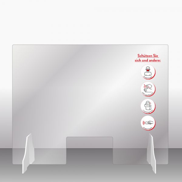 transparenter Thekenaufsatz bedruckt mit Corona-Hygienemaßnahmen - optimal für Hotelrezeption, Krankenhäuser, Banken, Kinos, Museen etc. - günstig online bestellen